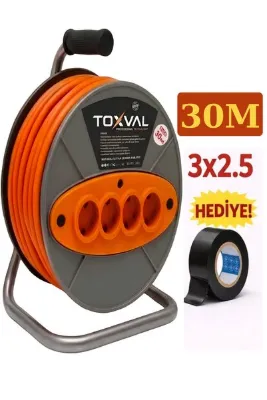 TOXVAL 3 x 2,5 30 Metre Makaralı Seyyar Uzatma Kablosu 4 Prizli ( Dörtlü )