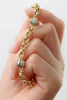 Silvano Jewelry 925 Ayar Gümüş Altın Kaplama Taşlı Göz Nazar Kalın Bileklik