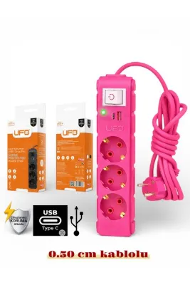 UFO Akım korumalı grup priz 0.50 cm kablolu anahtarlı fuşya 3 lü ve USB+type-c şarj aleti 3000 watt