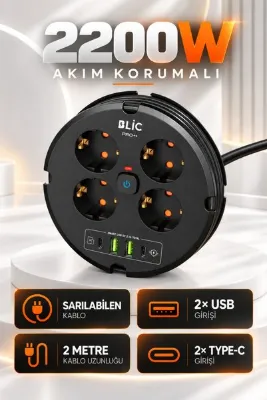 Enshall Sarılabilir Blic Pro 2 Metre Uzatma Kablolu 2200W Akım Korumalı Priz 4X AC + 2X USB + 2X TYPE-C 1050J Priz