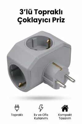 Alıç 3'lü Topraklı Çoklayıcı Priz Elektrik Prizi Ev Ofis Kullanımı İçin Kompakt Tasarım Gri