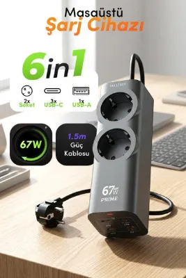 Fulltech FC54 67W GaN Masaüstü Şarj İstasyonu | 3x USB-C + USB-A + 2 Prizli Power Strip | Laptop Hız