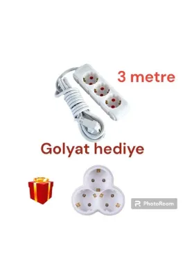 UFO 3 metre kablolu topraklı Beyaz renk ara kablosu 3 lü grup priz seyyar kablo(Golyat hediyeli)