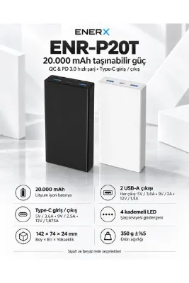 ENERX ENR-P20T 20.000 mAh 22.5 Watt Powerbank Siyah