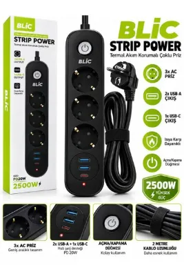 Blic 2500W 3'lü Akım Korumalı Çoklu Priz 2x USB-A + USB-C PD 2 Metre Kablo