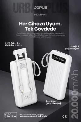 Jopus 20000mAh PowerBank Dahili Kablolu, LCD Ekranlı, LED Lambalı, Taşınabilir Şarj Cihazı - Beyaz JP-P11A