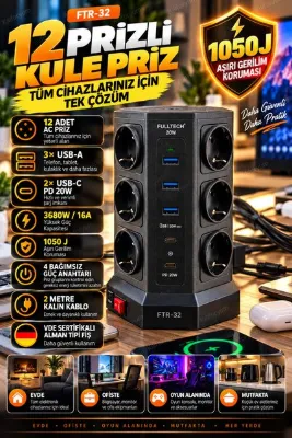 Kılıforyum Kule Tipi Akım Korumalı Çoklu Priz 8 AC Priz 2 USB-A 2 USB-C PD 20W 3680W 1050J 2 Metre Kablo FTR32