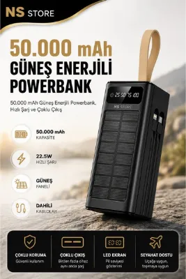 NS Store 50000 mAh Güneş Enerjili Hızlı Şarj Powerbank El Fenerli Taşınabilir Şarj Cihazı Çoklu Çıkış