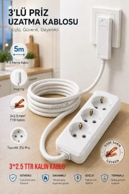 Aryes 3’lü 5 Metre Uzatma Prizi 3x2,5 mm² TTR Kalın Bakır Kablolu İnce Fişli Topraklı – 3680w