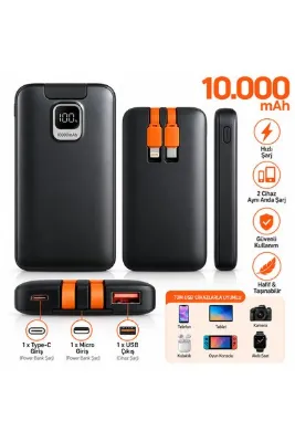 FABRON 2'li Dahili Kablo 10.000 mAh Powerbank Dijital Göstergeli Hızlı Şarj Lightning Type-C Kablo USB