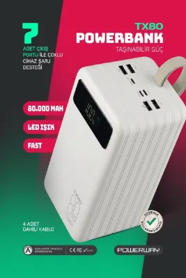 POWERWAY 80.000 Mah Kablolu Dijital Göstergeli Gerçek 80.000 Mah Garantili Işıklı Kamp TX80 Beyaz Powerbank