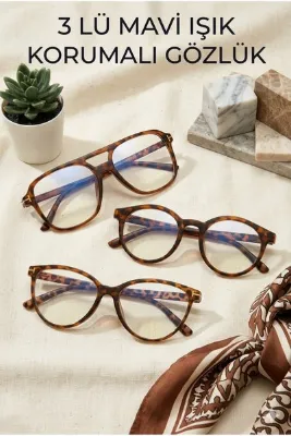 Zzla Mavi Işık Korumalı 3LÜ SET Gözlük Optik Uyumlu (Şeffaf Camı Değişebilir) Leopar Kadın Gözlük