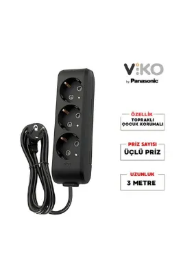 Viko | Üçlü Grup Priz, Topraklı - Çocuk Korumalı Çoğaltıcı Priz, 3'lü, 3 M, Siyah