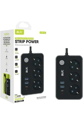 Yellowtech 3’lü Akım Korumalı Priz | 2 USB + Type-C Çıkışlı | Çocuk Korumalı | Anahtarlı | 2 m Uzatma Kablosu
