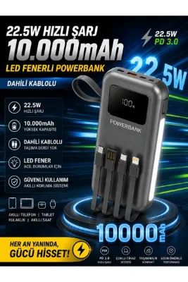 DEANB 10000mAh 22.5W Hızlı Şarjlı Powerbank USB Micro Type-C Girişli LED Işıklı Kendinden Kablolu