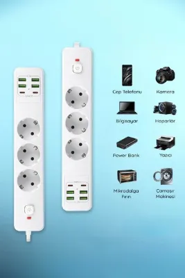 Soillium Yeni Nesil 2 Metre 3'lü Grup Priz 4 Adet USB + 2 Adet Type-C Girişli Şarj Çoğaltıcı Çoklu Priz