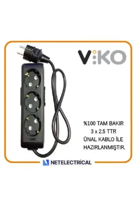 VİKO Multi-let Siyah 3'lü 4 Metre Topraklı Ç.K (3x2.5 TTR TAM BAKIR KALIN KABLOLU) Grup Priz