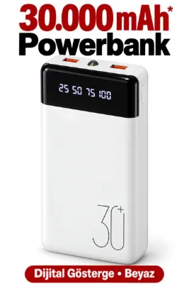 DURKHEİM 30.000 mAh Powerbank Dijital Göstergeli LED Işıklı Çift USB Çıkışlı Beyaz