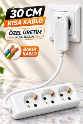 Aryes 30 cm 3'lü İnce Fişli Grup Priz Kısa Uzatma Kablosu Mobilya Arkası İçin Beyaz