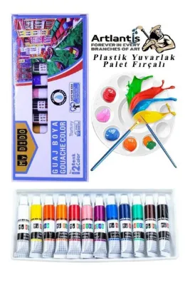 Artlantis Guaj Boya 12 Renk Mydido 9 Ml Tüp 1 Paket 12 Li Guaj Boya Seti ve Yuvarlak Resim Paleti Fırçalı 1 Pa