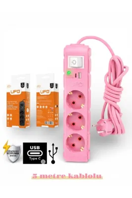 UFO Akım korumalı grup priz 5 mt kablolu anahtarlı pembe 3 lü ve USB+type-c şarj aleti 3000 watt