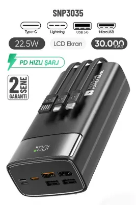 Feny SNP-3035 30.000 Mah PD 22.5W Hızlı Şarj Dahili Kablolu Powerbank Taşınabilir Şarj Cihazı