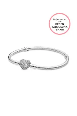 Pandora Moments Pavé Kalp Klipsli 925 Ayar Gümüş Bileklik Kübik Zirkon Taşlı Charm Uyumlu