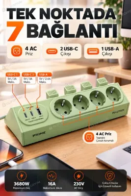 Kılıforyum FTR-36 Prime Akım Korumalı Çoklu Priz 4’lü – 2 USB-C + 1 USB-A 15W, 350J, 3680W, 16A, 2 Metre Kablo, Otomatik Fiş Çıkarma Sistemli