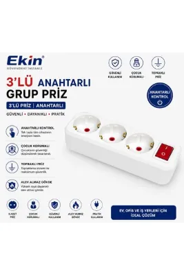 Ekin 3'lü Anahtarlı Grup Priz Kablosuz Priz Girişi Yoktur Kablo Yoktur
