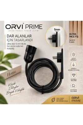 ORVİ prime Yeni Nesil Tekli Uzatma Kablosu 1,5 m – Dar Alanlar İçin Ultra İnce 5 mm Fişli Topraklı Siyah