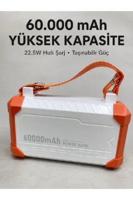 Kamp ve Seyahat İçin 60000 mAh Powerbank 22.5W Hızlı Şarj Acil Durum Işıklı Taşıma Saplı 4 Entegre K