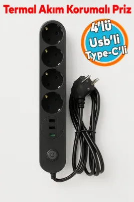 NZB Akım Korumalı Topraklı Golyat Grup Şarj Fiş Priz 4 Prizli 3 USB Girişli 2 Metre Uzatma Kablosu