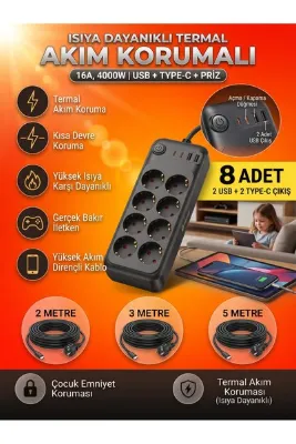 ZEYar Teknoloji Hi-Link 8'li Termal Akım Korumalı Priz 2m Kablo - 2 USB + 2 Type-C Portlu 16A / 4000W