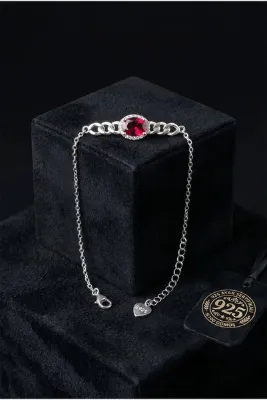 Roza Silver 925 Ayar Gümüş Rodyum Renk Lal Taşlı Gurmet Zincir Detaylı Bileklik
