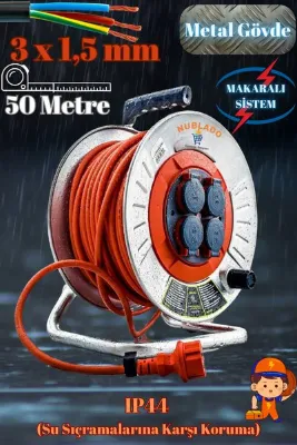 NUBLADO Bylion Makaralı Seyyar Kablo Kapaklı 4 Prizli Metal Uzatma Kablosu 3x1.5 Mm Cca Kablo 50 Metre.
