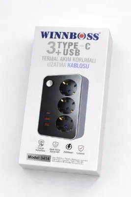 genel tr Isıya Dayanıklı Termal Akım Korumalı 2 Mt 10A 2500W 3lü Priz ve 3 Usbi 2.1A Uzatma Kablosu