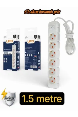 UFO Akım Korumalı 1.5 mt Kablolu Grup Priz Max 3500W 16 Amper Aşırı Yük Koruması 6lı Çoklu Priz Beyaz