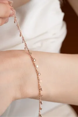 Nereze 925 Ayar Gümüş Rose Sıralı Minik Yıldızlı Zirkon Taşlı Bileklik