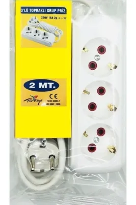 ATA ELEKTRONİK Kaliteli Yerli Ürün 2mt 2 Metre Üçlü 3lü Elektrik Uzatma Uzatıcı Kablolu Topraklı Grup Priz Piriz