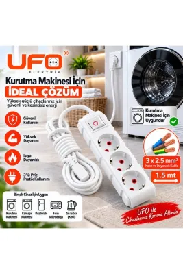 UFO Yüksek Güçlü Cihazlar İçin Uzatma Kablosu 3x2,5 mm² – Kurutma Makinesi Çamaşır Makinesi Bulaşık Makinesi ısıtıcı için Topraklı Anahtarlı Priz 1.5 Metre (Beyaz)