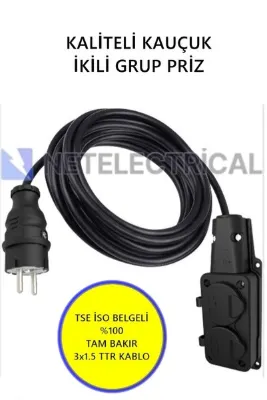 NETELECTRİCAL Kauçuk 2'li 10 Metre Topraklı Grup Priz - 3x1.5 TTR Tam Bakır Siyah Kablo
