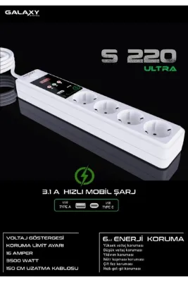 S220 ULTRA MOBİL ŞARJ SOKETLİ 4 LÜ ENERJİ KORUMA VE KONTROL CİHAZI