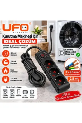 UFO Yüksek Güçlü Cihazlar İçin Uzatma Kablosu 3x2,5 mm² – Kurutma Makinesi Çamaşır Makinesi Bulaşık Makinesi ısıtıcı için Topraklı Anahtarlı Priz 2.5 Metre (Siyah)
