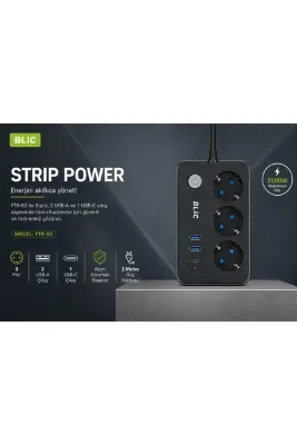 alpotekno Akım Korumalı 3’lü Priz 2 USB + Type-C 2 Metre Kablolu – Termal Koruma, Çocuk Korumalı, 2500W