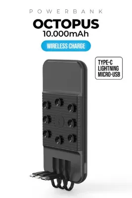 UMD OCTOPUS 10000 mAh WİRELESS POWER BANK STANDLI, VANTUZLU, DAHİLİ 3İN1 KABLOOLU, KABLOSUZ HIZLI ŞARZ