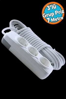 NZB Topraklı Grup Priz 3'lü Anahtarsız 7 Metre Seyyar Ara Kablolu Uzatma Kablolusu Üçlü Piriz
