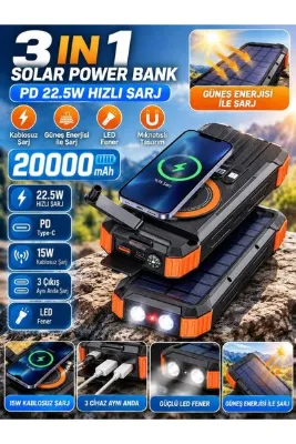 VEROXA 20.000 Mah Solar Powerbank 22.5W Pd Hızlı Şarj Kablosuz Şarj LED Fener Mıknatıslı