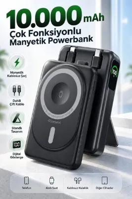 MATECHNO Kablosuz Magsafe Özellikli Akıllı Saat Telefon Hızlı Şarj Çoklu Kablo Standlı Powerbank Güç Bankası