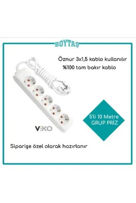 VİKO 10 Metre 5 Li Uzatma Kablosu / Viko Grup Priz / Öznur 3*1.5 Kablo Kullanılır