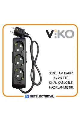 VİKO Multi-let Siyah 3'lü 5 Metre Topraklı Çocuk Korumalı (3x2.5 TTR TAM BAKIR KALIN KABLOLU) Grup Priz